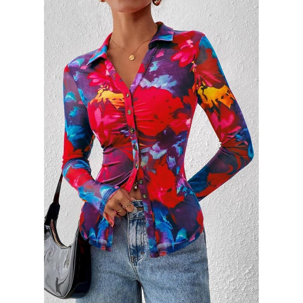 Women Navy Red Button Down Floral Shirt Trendy Long Sleeve V Neck Blouse Top - Picture 6 of 6